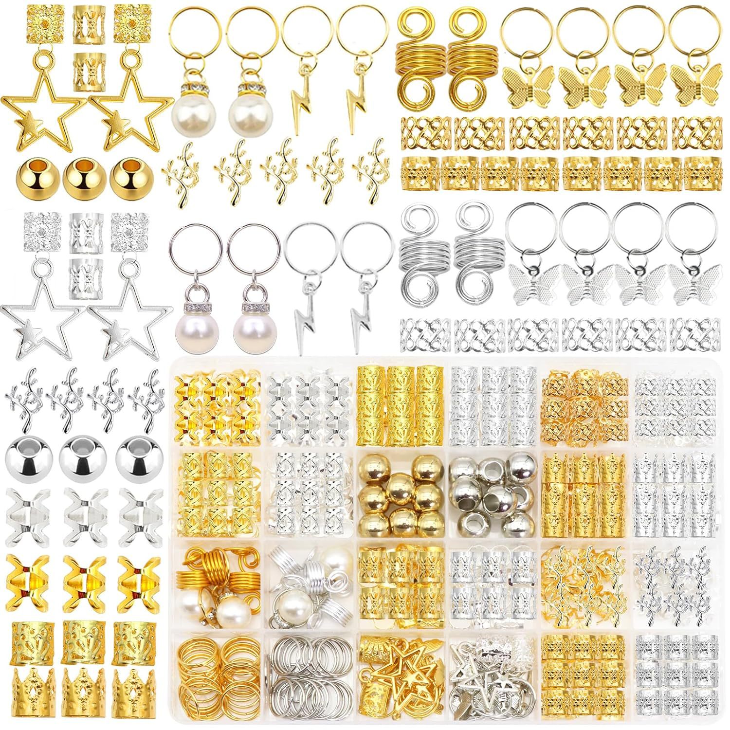 diy金属珠子合金金银挂件大小接发环组合 320pcs假发脏辨饰品套装