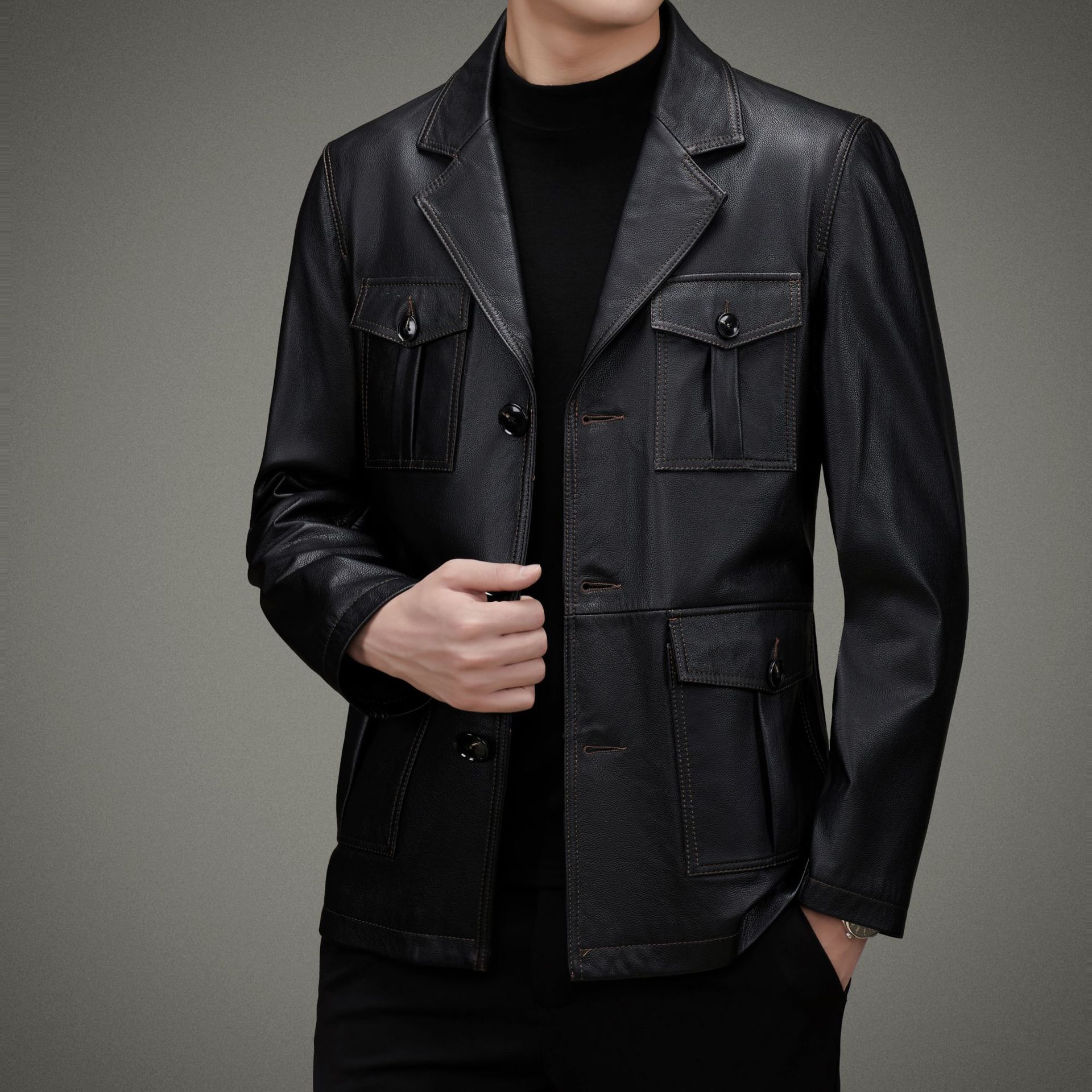 高档海宁男士真皮皮衣男头层小牛皮猎装真皮皮夹克翻领外套男装潮