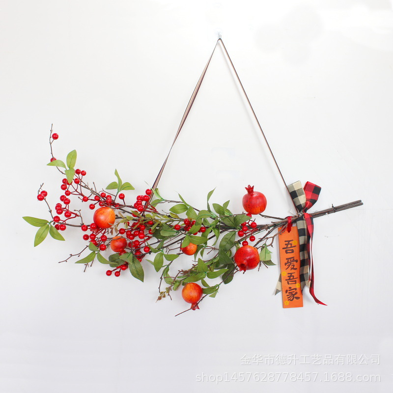 New Year's Day Home Hanging Decoration Simulation Pomegranate Green Leaf Ribbon Bow Wall Hanging Moving into the New House New Year Decorations