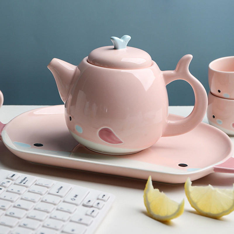 日式茶壶茶具可爱动物手绘釉下彩陶瓷鲸鱼卡通茶杯套装水具冷水壶