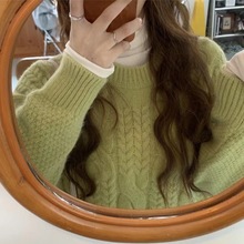 秋冬季韩版加厚绿色毛衣女慵懒风设计感针织衫小众宽松上衣套头潮