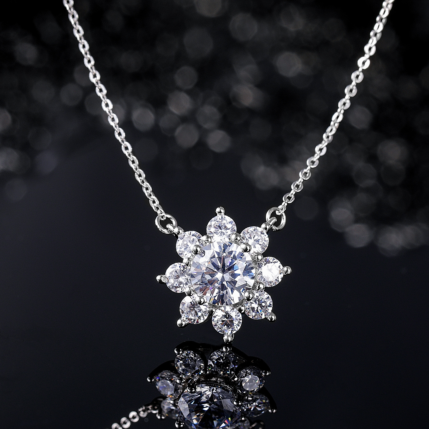 抖音直播供应链s925纯银莫桑钻太阳花气质吊坠项链现货批发