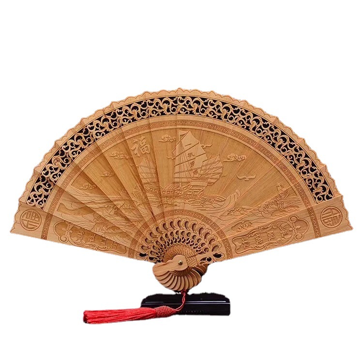 崖柏木质折扇中国风雕刻扇子 八款苏扇锦盒包装配底座 厂家批发