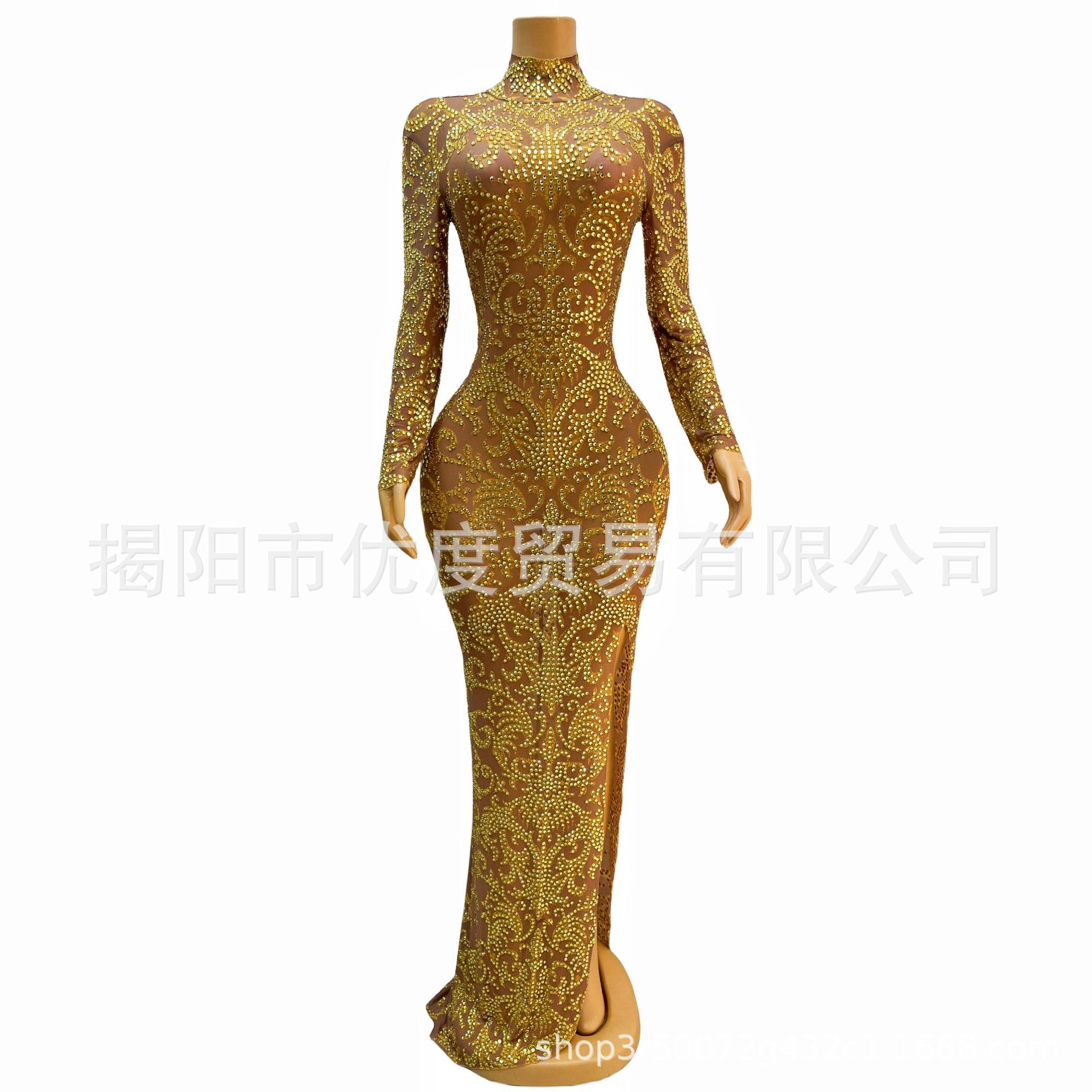 大女主风金闪水钻前开叉欧美透视网纱酒会宴会夜场演出长裙宫廷