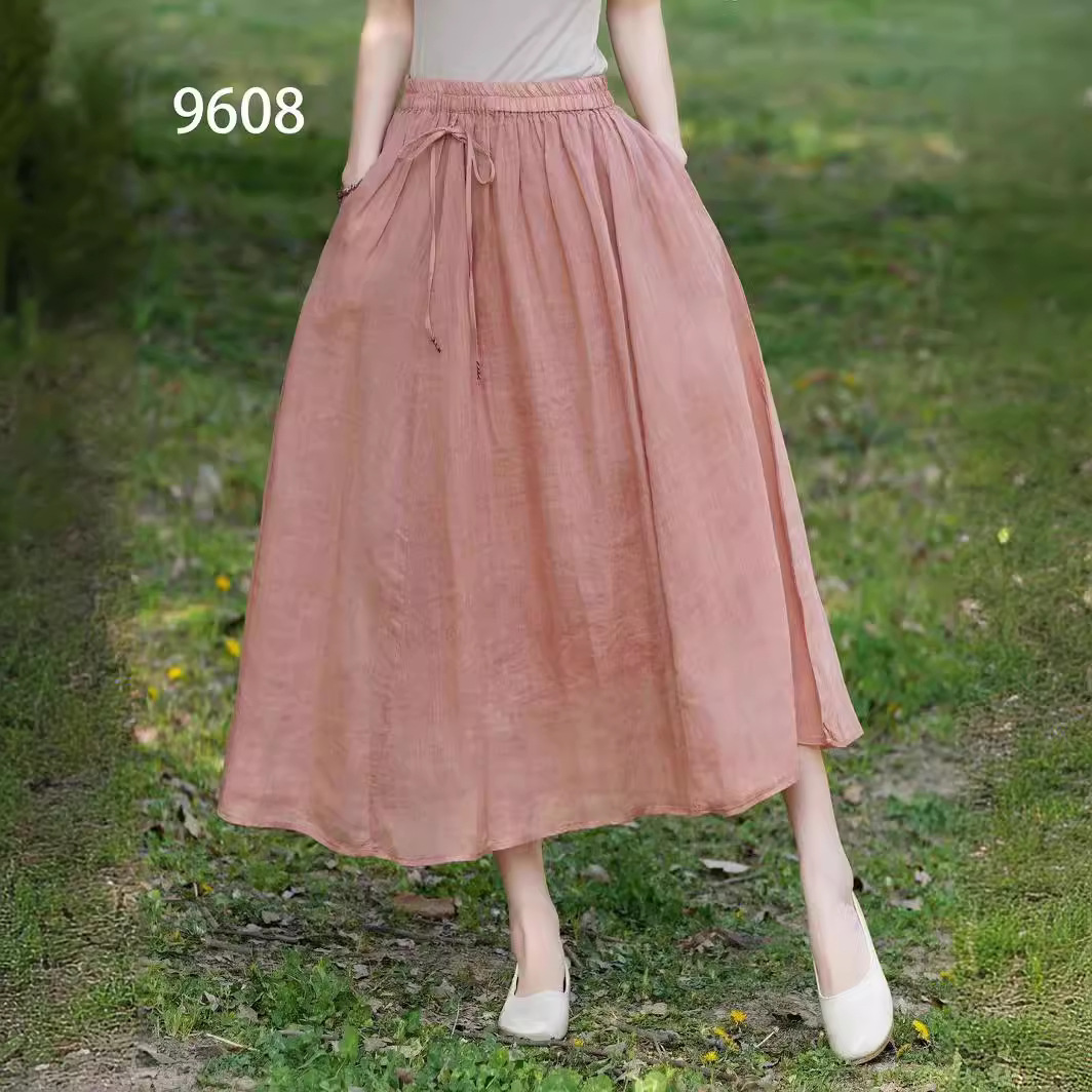 素悠莉大摆双层苎麻半身裙女纯色松紧腰宽松百搭休闲文艺风2024春