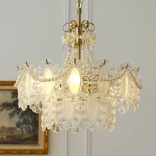 法式珍珠水晶卧室吊灯 轻奢复古百褶全铜灯奶油风 灯具餐厅客厅灯