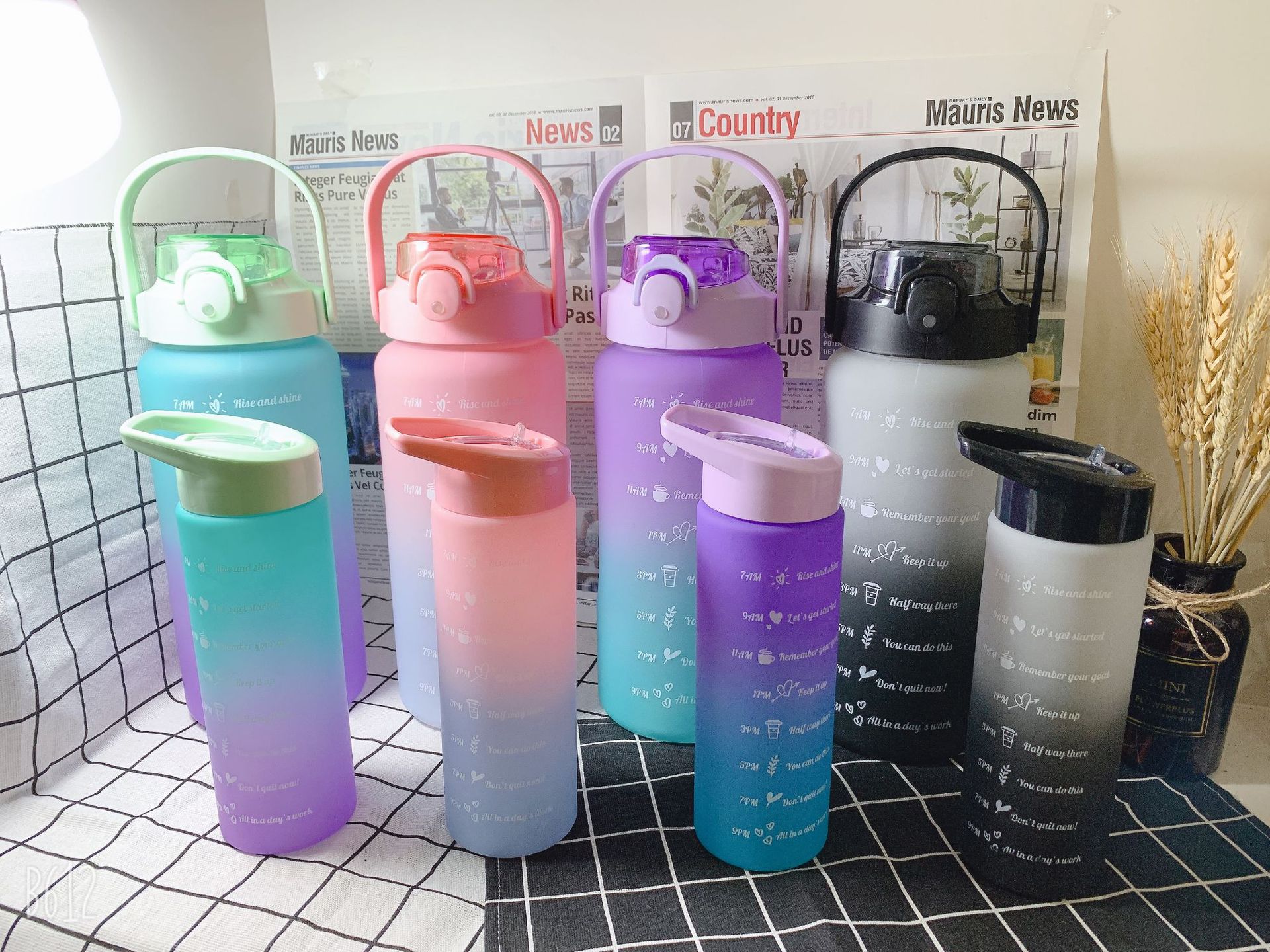 new student portable gradient color outdoor portable large capacity 2l double drinking straw sports cup set pier bucket