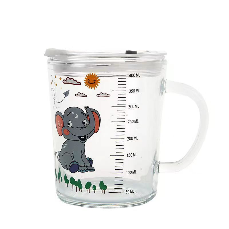 Cartoon Glass Cup Cup with Straw Household Children Milk Water Glass 400ml with Handle Scaled Cup Cup