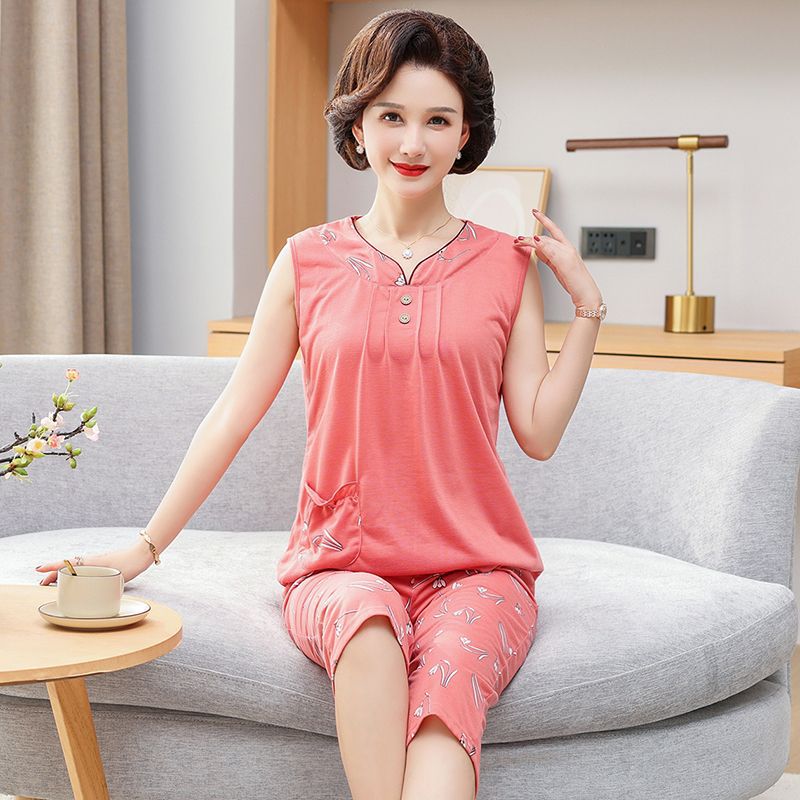 新款中年妈妈中老年睡衣女夏背心无袖加大码家居服薄款老年人套装