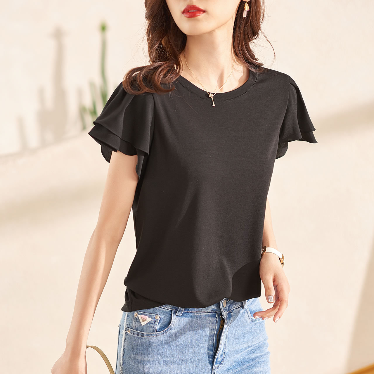 短袖t恤女夏新款黑色圆领雪纺衫上衣洋气双层荷叶袖气质显瘦小衫