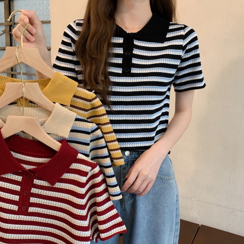 2021夏装韩版短袖t恤新款宽松洋气polo领条纹短款针织衫女ins上衣