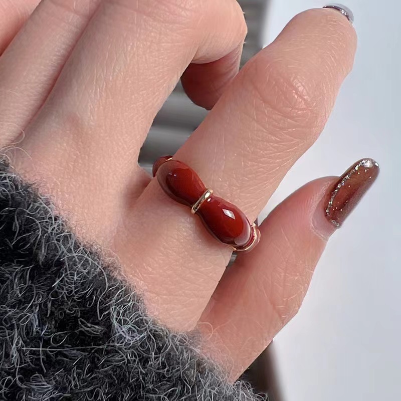 2024 New Retro Elegant High-Grade All-Match Bamboo Joint Drip Glazed Open Ring Female Minority Fashion Hong Kong Style Index Finger Ring