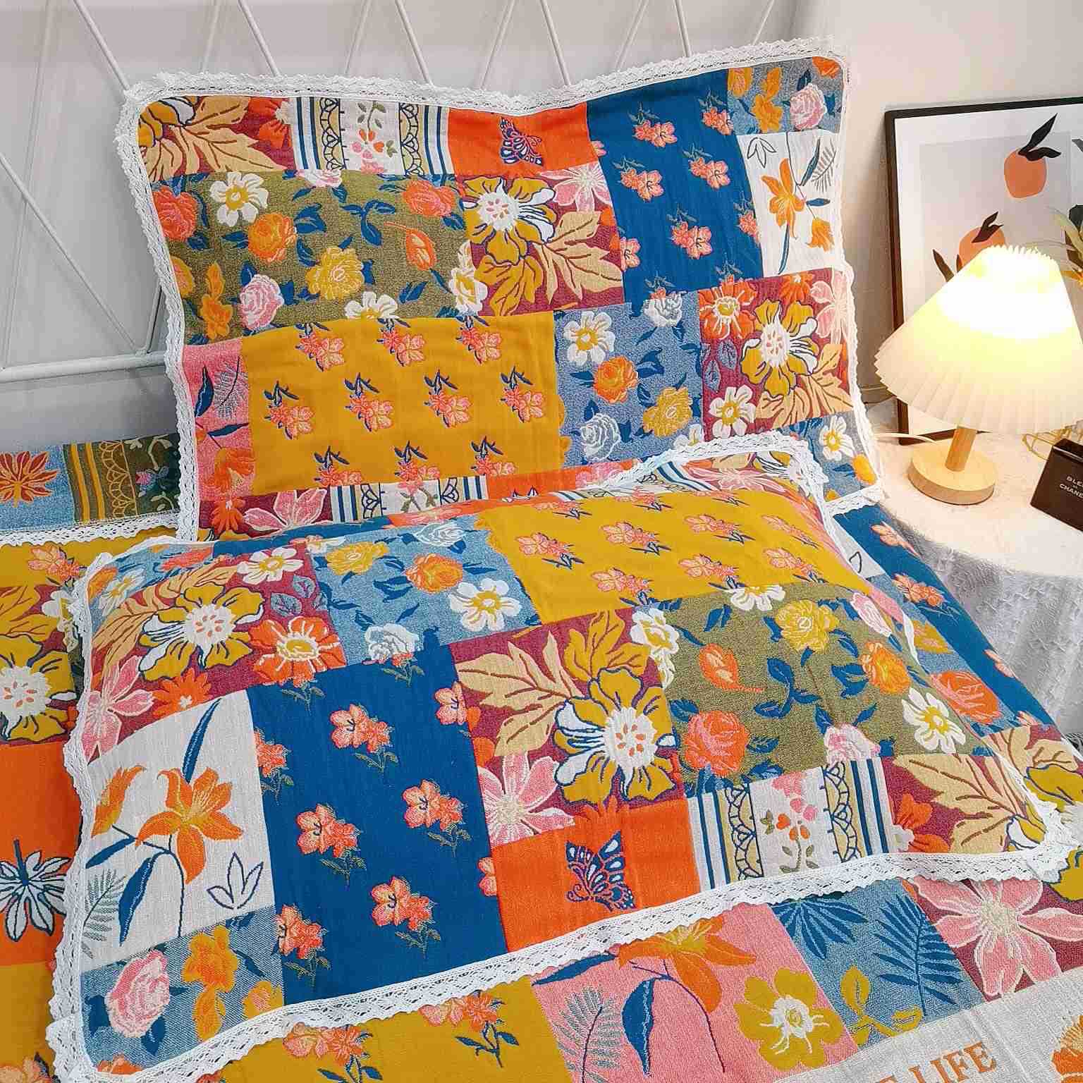 批发外贸纯棉纱布枕巾单人枕巾加厚高档家用蓝色纱布枕巾蕾丝花边