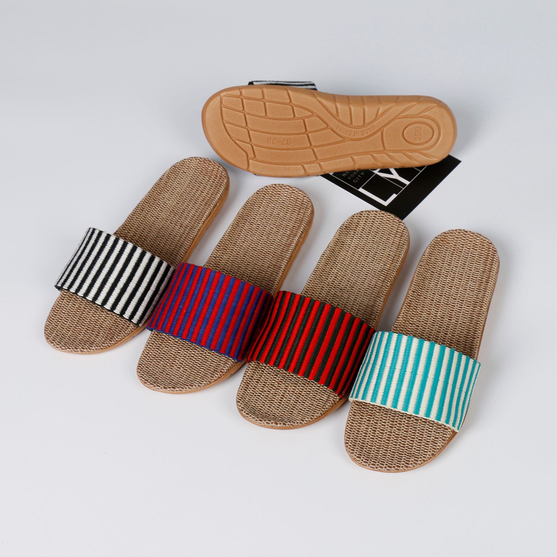Factory Wholesale New Foreign Trade Black and White Striped Linen Slippers Striped Korean Popular Slippers Foreign Trade Shoes