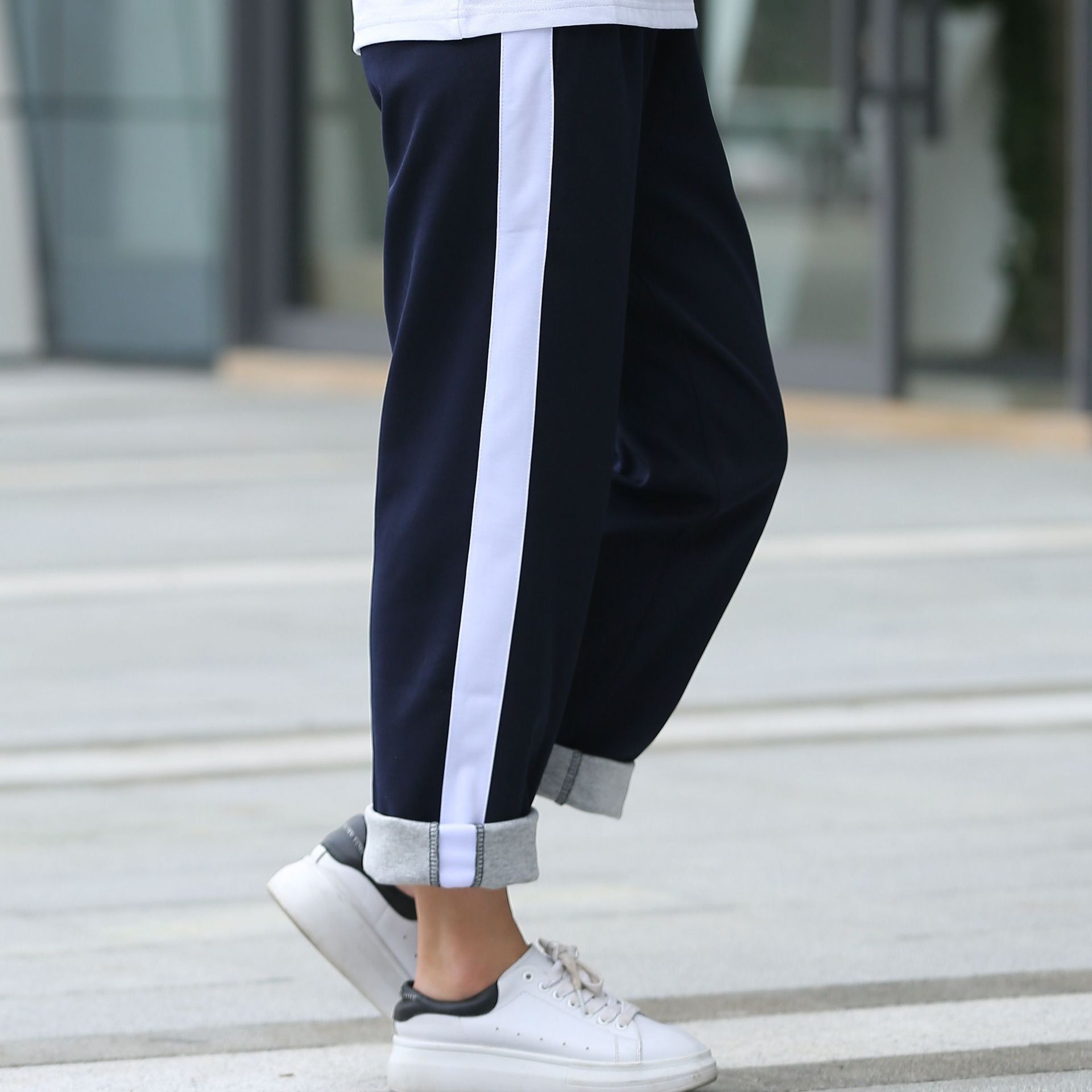 校裤一条杠男女藏蓝色中学生直筒宽松白边一条杠初高中生校服裤子