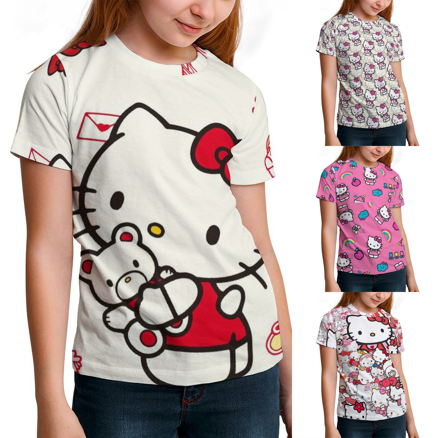 跨境童装短袖kt猫爆款hello kitty印花儿童男童女童短袖t恤上衣