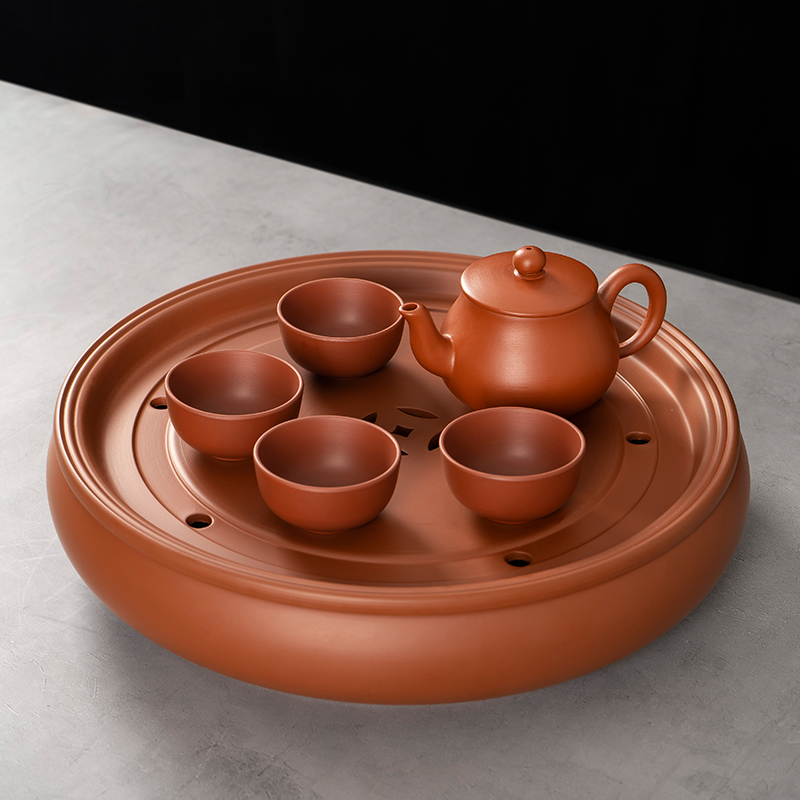 56pc潮州10寸传统朱泥圆形家用茶盘半手工储水干泡台茶道茶船加厚