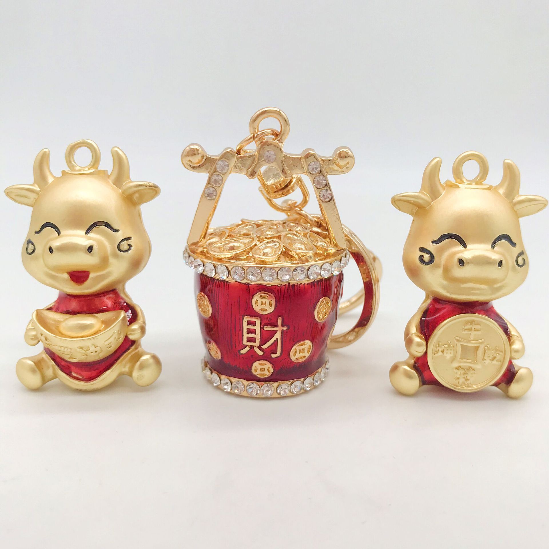 中国风招财发财桶牛气冲天牛转乾坤钥匙扣摆件汽车钥匙挂饰礼品