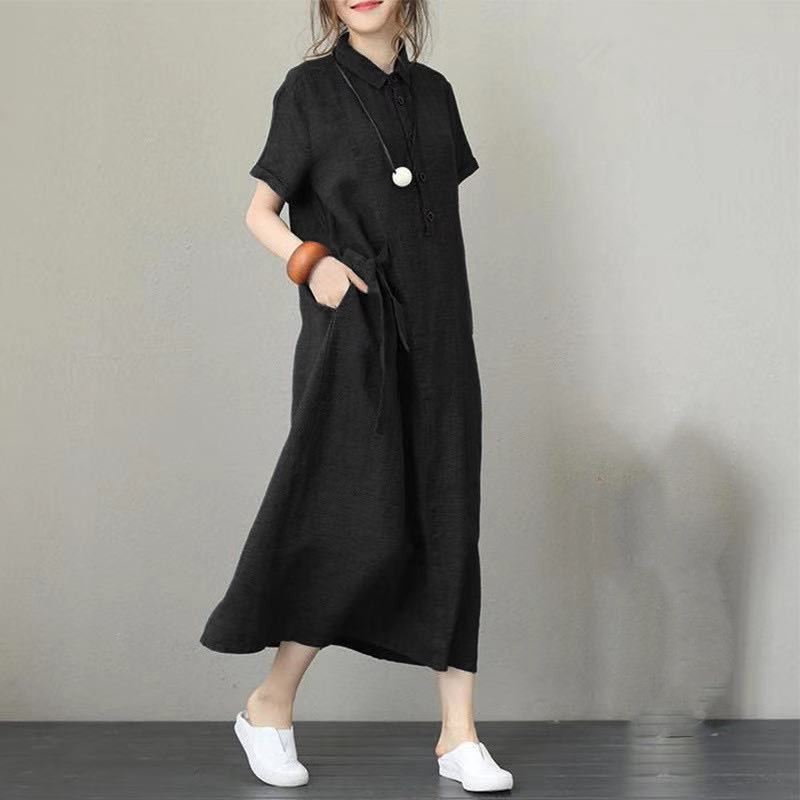 Cross-Border New Arrival Polo Collar Cotton and Linen Lapel Short Sleeve Loose Pockets Temperament Women's Casual Dress Dress