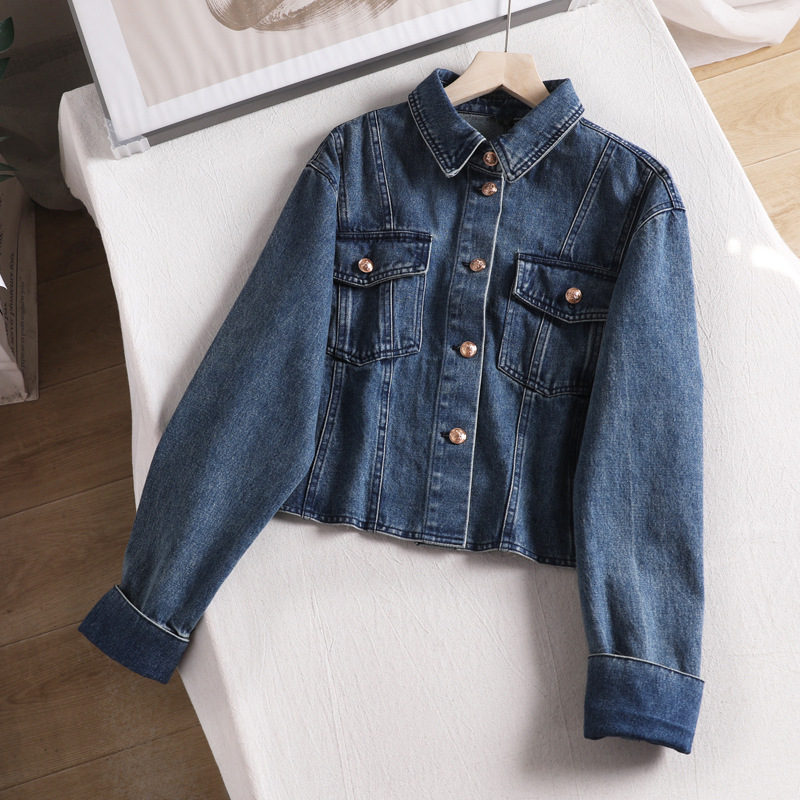 短款牛仔外套女2022早春金属扣港风长袖韩版休闲藏蓝色上衣牛仔衣