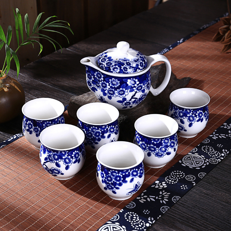 陶瓷茶具套装复古7头双层杯青花瓷功夫茶具礼品套装 含礼盒手提袋