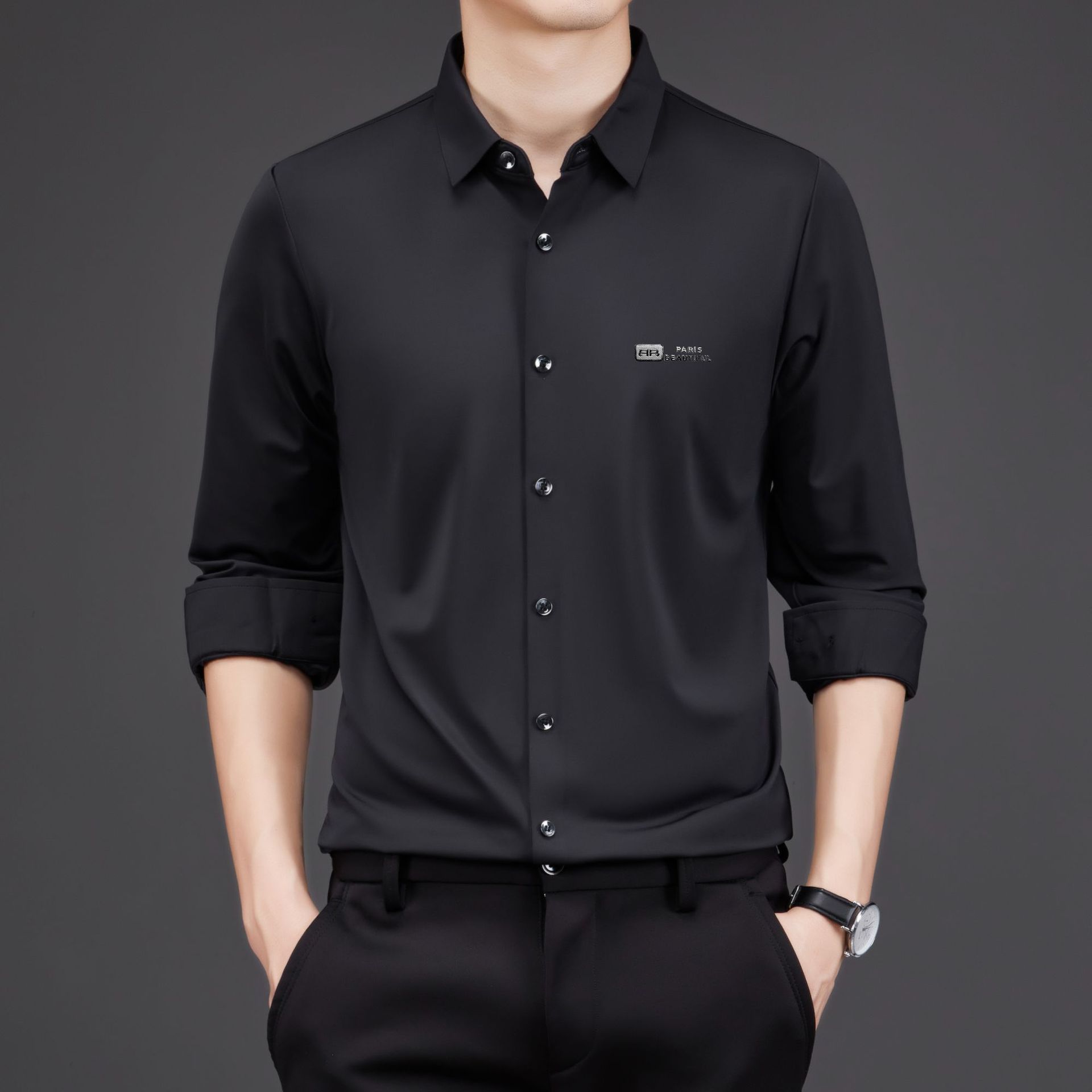 2024年春季新款衬衫男轻熟休闲宽松纯色舒适透气中年男士长袖开衫