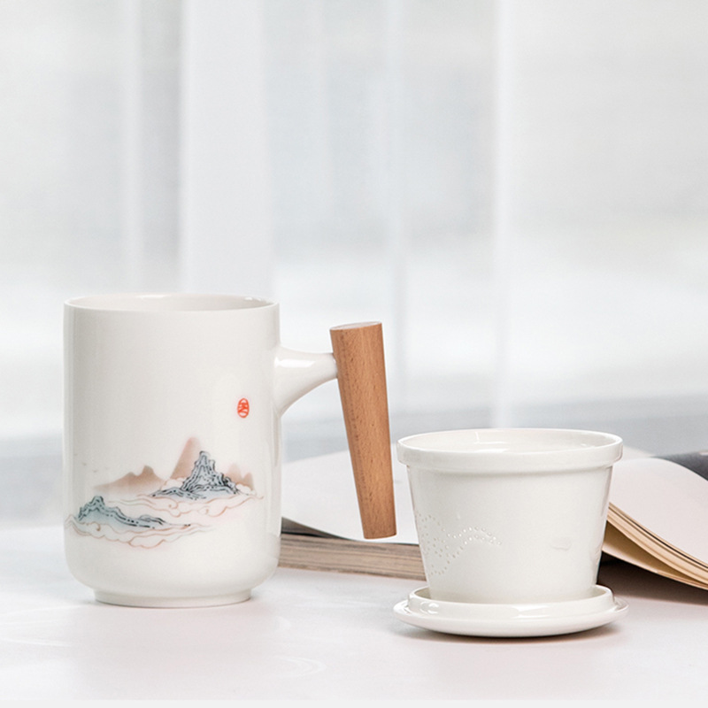 Ceramic Water Cup with Lid and Wooden Handle Personal Strainer Tea Brewing Cup Tea Water Separation Mug Bank Enterprise Printing Logo