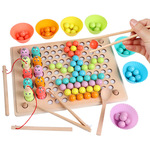 木质儿童早教三合一夹珠子钓鱼锻炼宝宝手眼协调颜色分类益智玩具