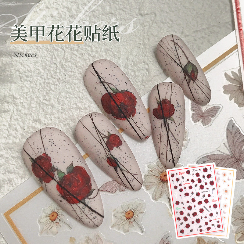 跨境网红美甲贴纸蝴蝶玫瑰小清新雏菊日式背胶diy指甲贴装饰图案