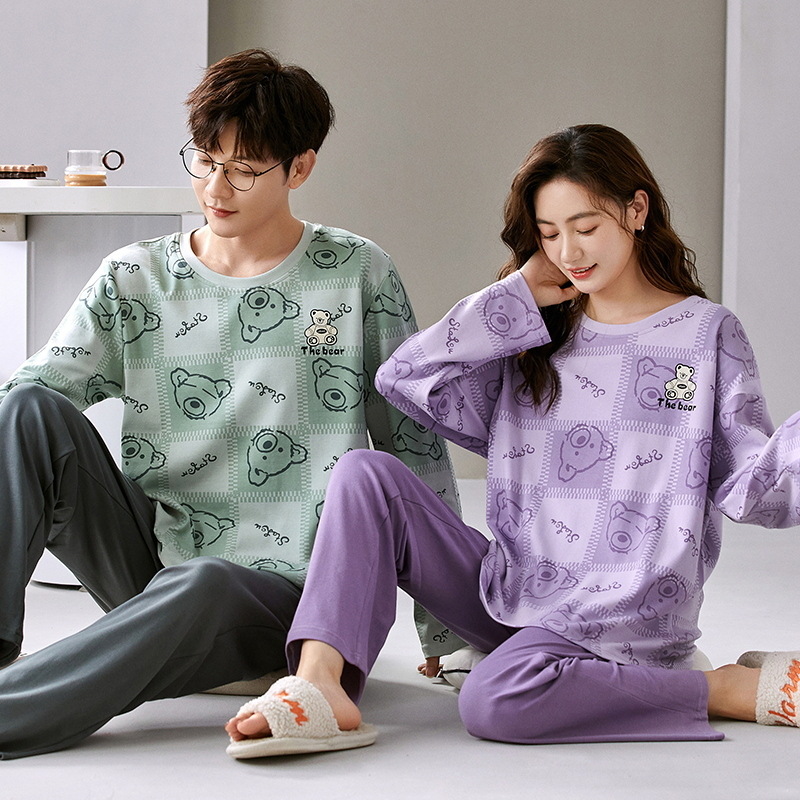 New Couple's Cotton Pajamas Men's and Women's Fall/Winter Long Sleeve Pants Homewear Suit Simple Casual Home Comfortable