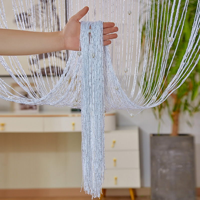 Curtain Line Flat Silver Factory Pearl Door Curtain Exclusive for Cross-Border Living Room Partition Curtain Line Punch-Free Wedding Silver Silk Tassel Curtain