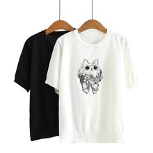 胖MM大码2022夏季新品韩版时尚猫咪刺绣针织短袖T恤衫 z01 8677