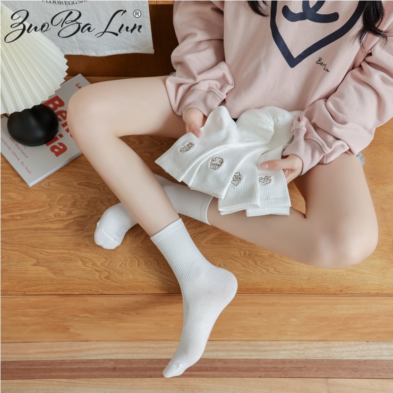 袜子女夏季全棉中筒袜日系潮流刺绣长筒袜秋冬纯白色中筒运动女袜