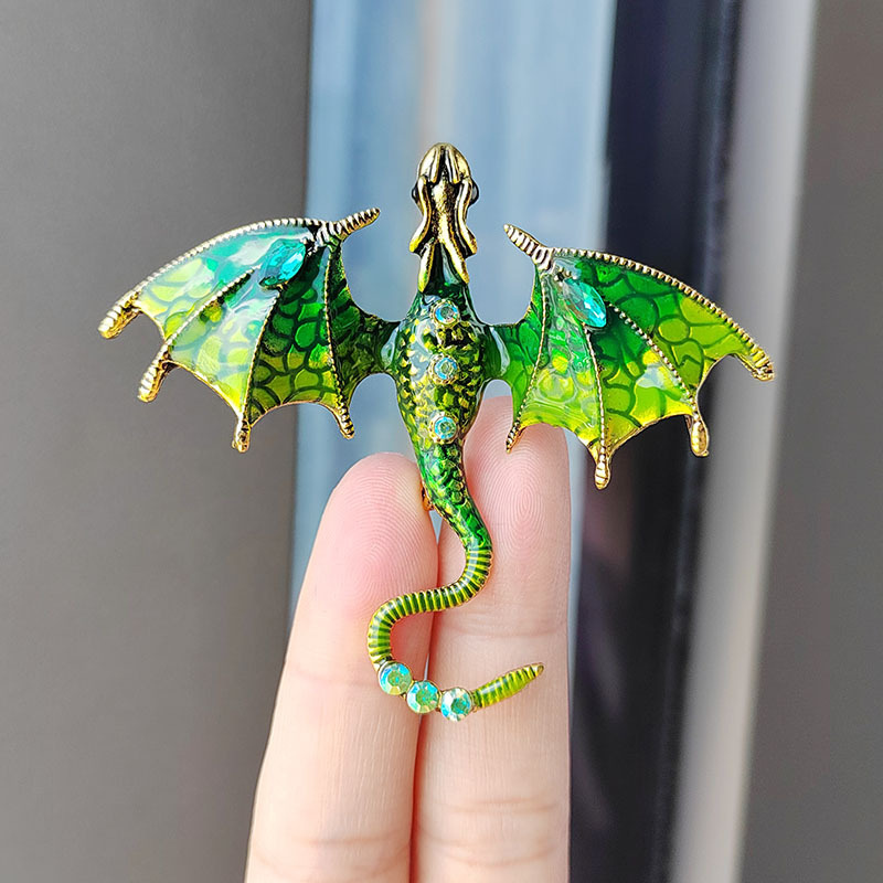 Painting Oil Enamel Dragon Brooch European and American Fashion Diamond-Embedded Animal Pin Cross-Border Hot Sale Corsage All-Match Diamond-Embedded Accessories