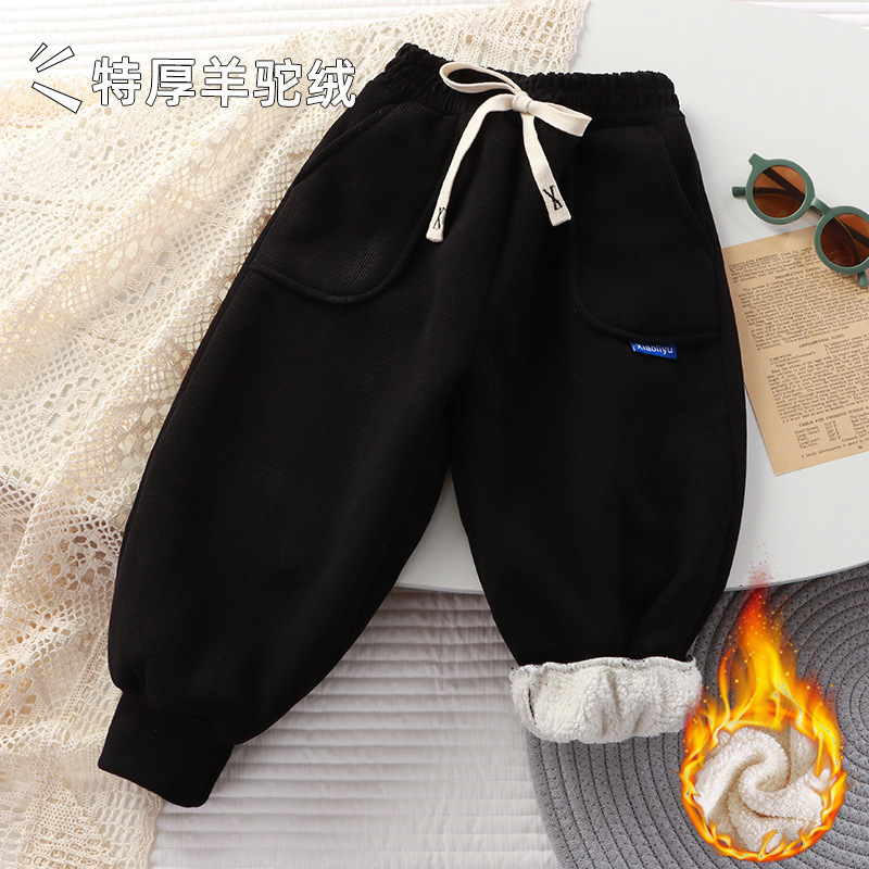 Children's Medium and Big Children Fleece Padded Pants Autumn and Winter New Men's and Women's Thickened Warm Leisure Sports Pants Outer Wear Trousers