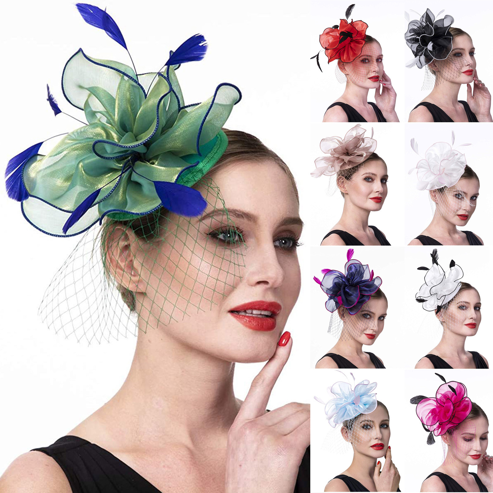 夸张欧根纱羽毛头饰发箍双用新娘礼服旗袍赛马会头花摄影写真饰品