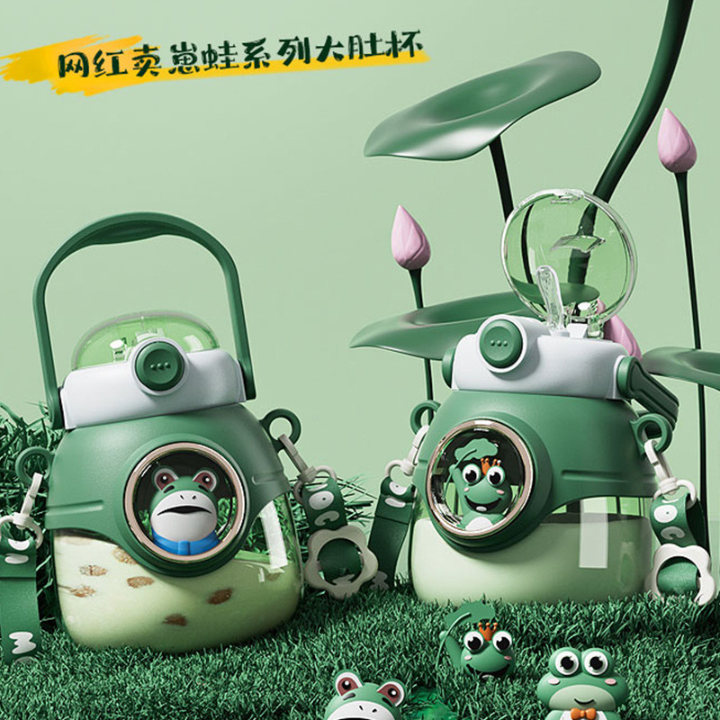 selling baby frog internet celebrity big belly cup portable cartoon cute plastic cup creative children water bottle belt drinking straw cup