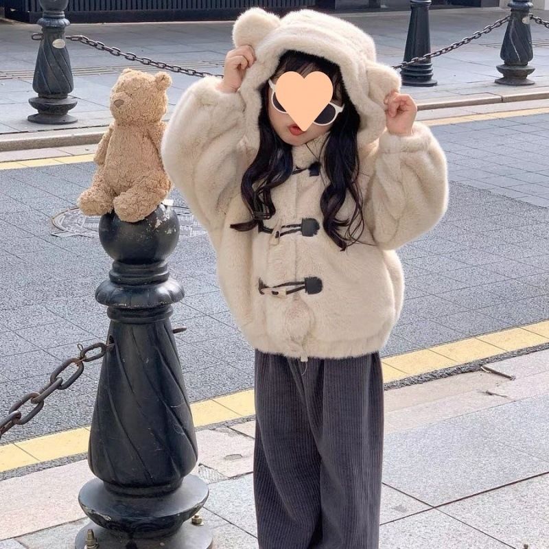 女童棉衣秋冬季新款外套宝宝洋气仿兔毛加绒加棉连帽毛毛上衣可爱