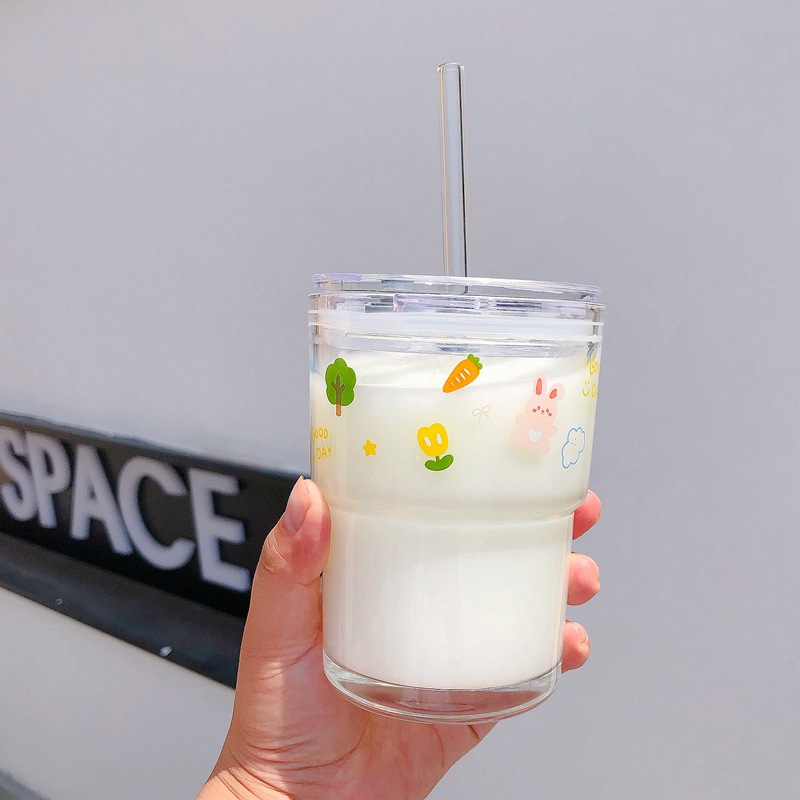 Cartoon Glass Cup Girly Heart Milky Tea Cup Large Capacity Juice Cup Milk Cup Student Water Cup Cup with Straw