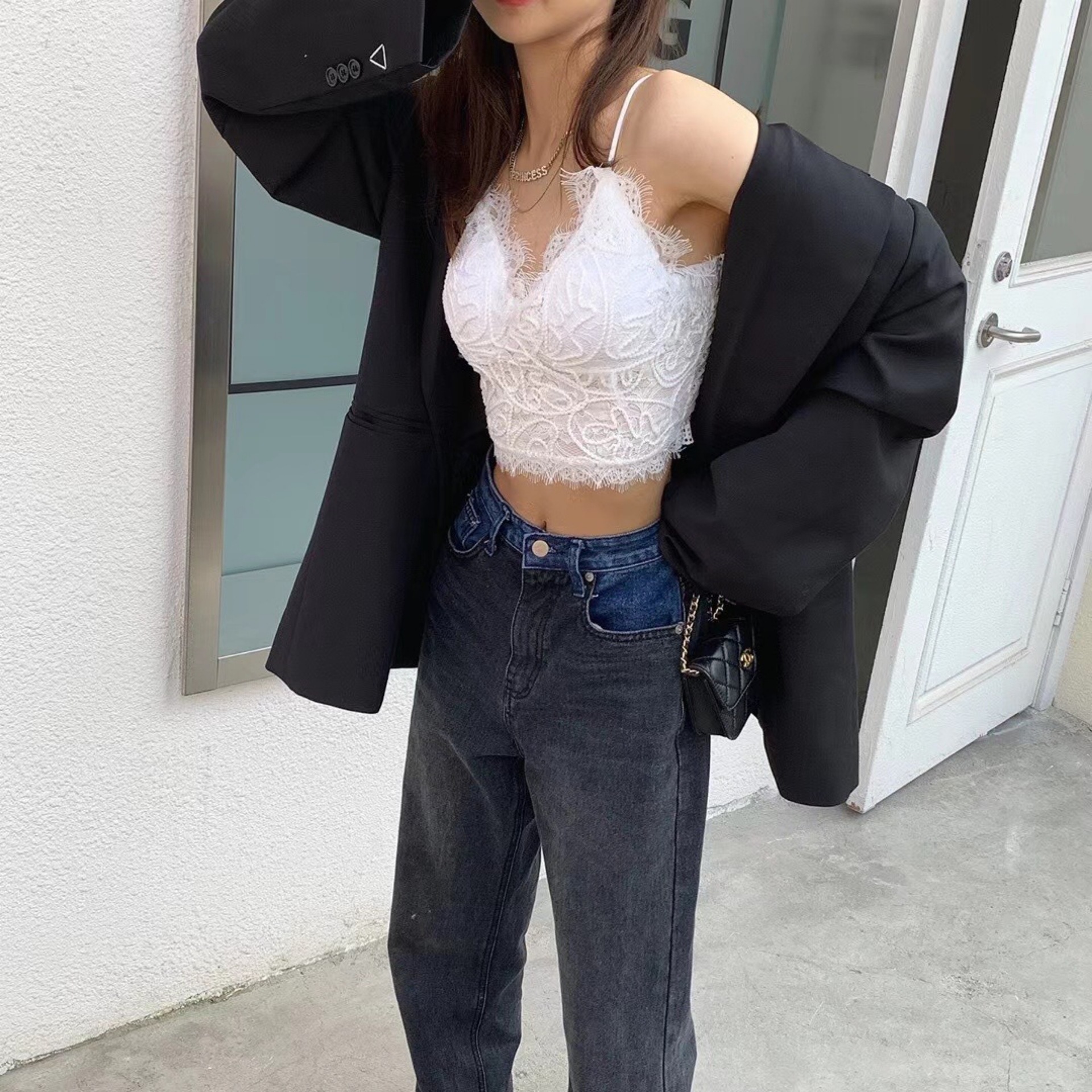 文文同款法式蕾丝美背吊带背心性感内搭外穿短款带胸垫抹胸内衣女