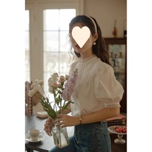 韩系白色短袖衬衫女夏季新款法式立领蕾丝花边宽松显瘦泡泡袖上衣