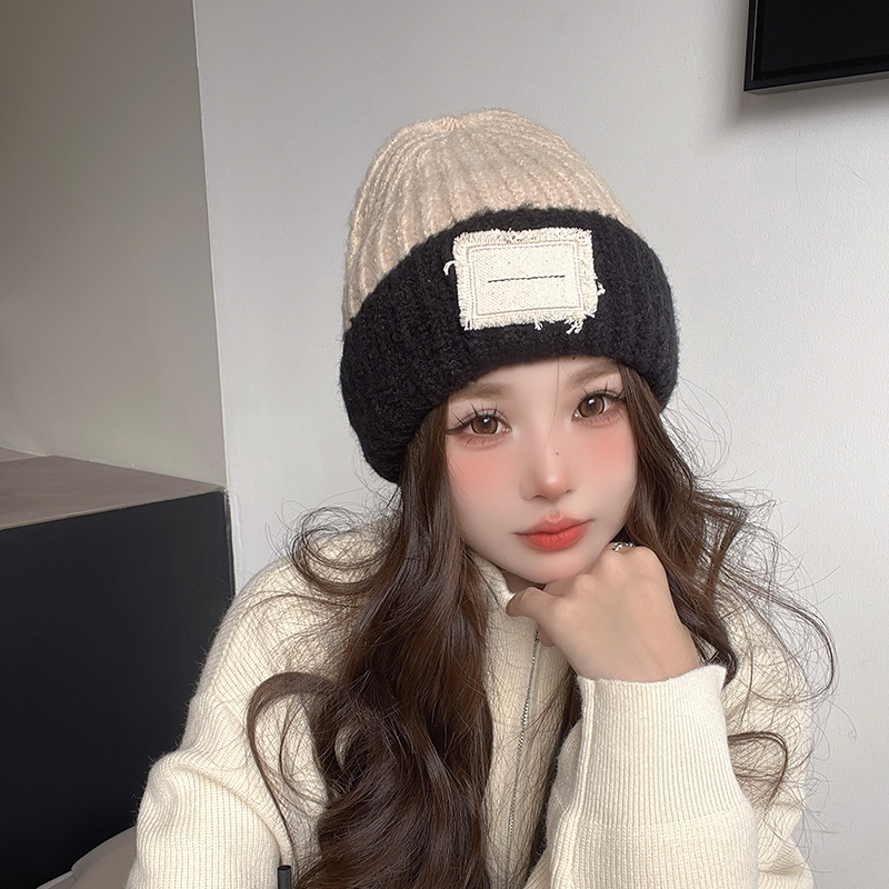 Knitted Hat Women's Autumn and Winter Warm Hat Korean Style Versatile Fashion Sticker Cloth Label Cold-Proof Woolen Cap 2023 New