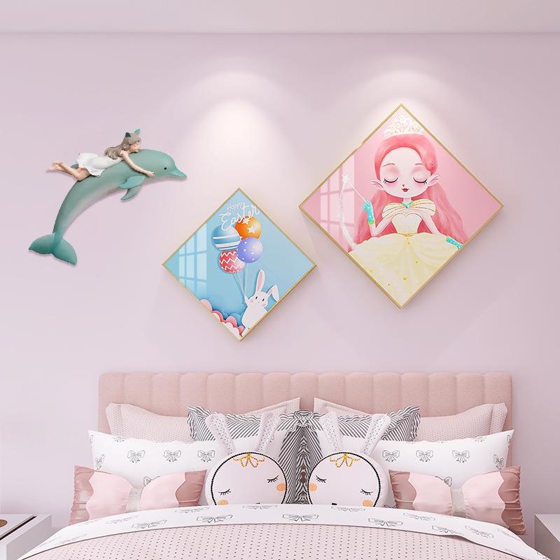 卡通装饰画公主房粉色海豚女孩墙壁画现代简约儿童房卧室床头挂画