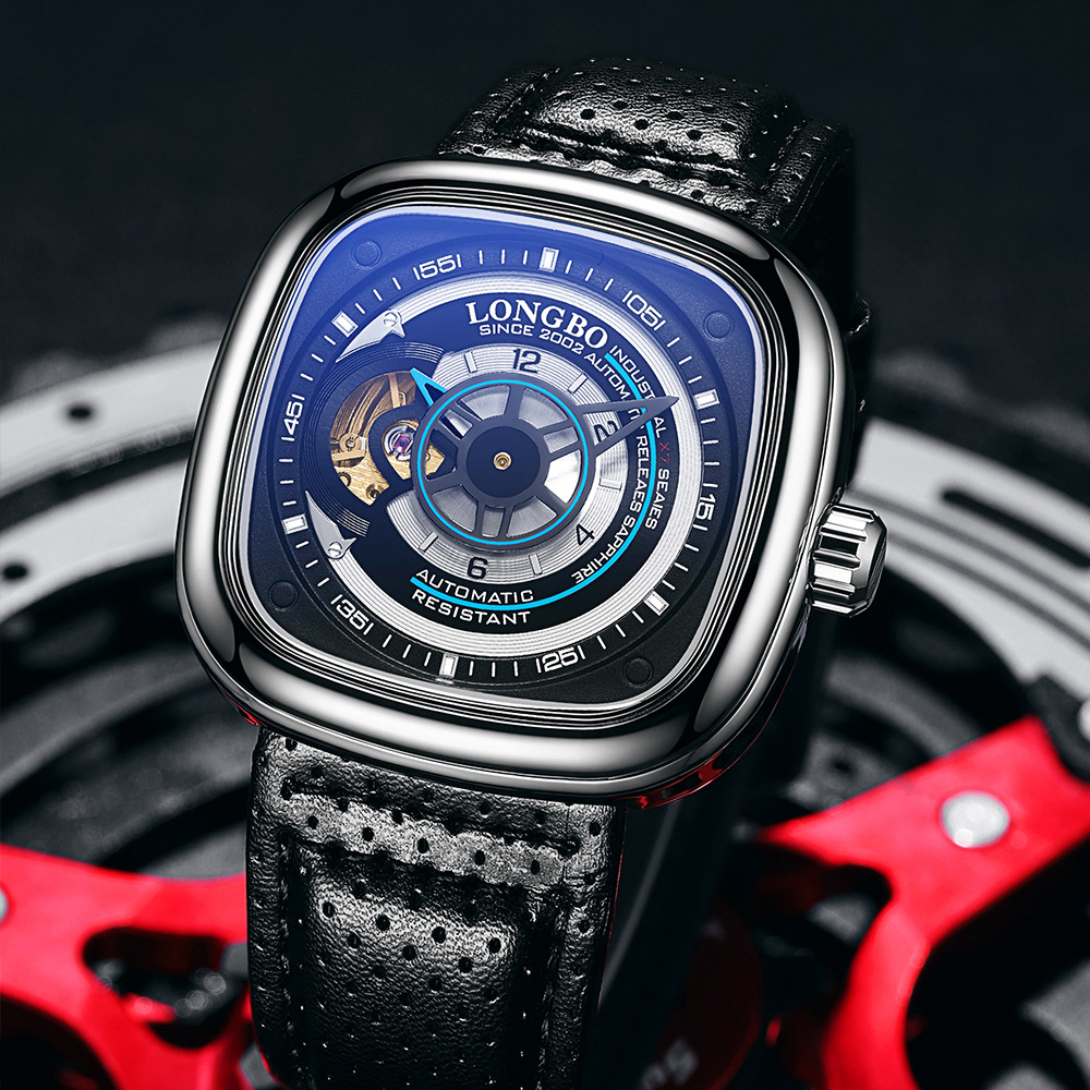 longbo龙波机械手表新款方形镂空透底机械男士潮流机械腕表