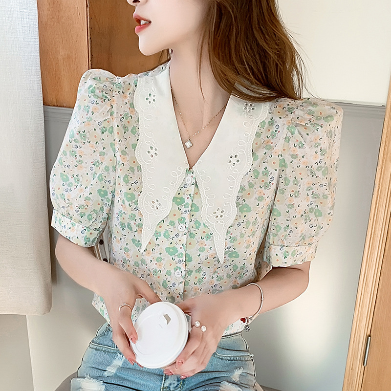 超仙甜美碎花雪纺衬衫夏2022新款刺绣娃娃领泡泡袖上衣女装女式衬