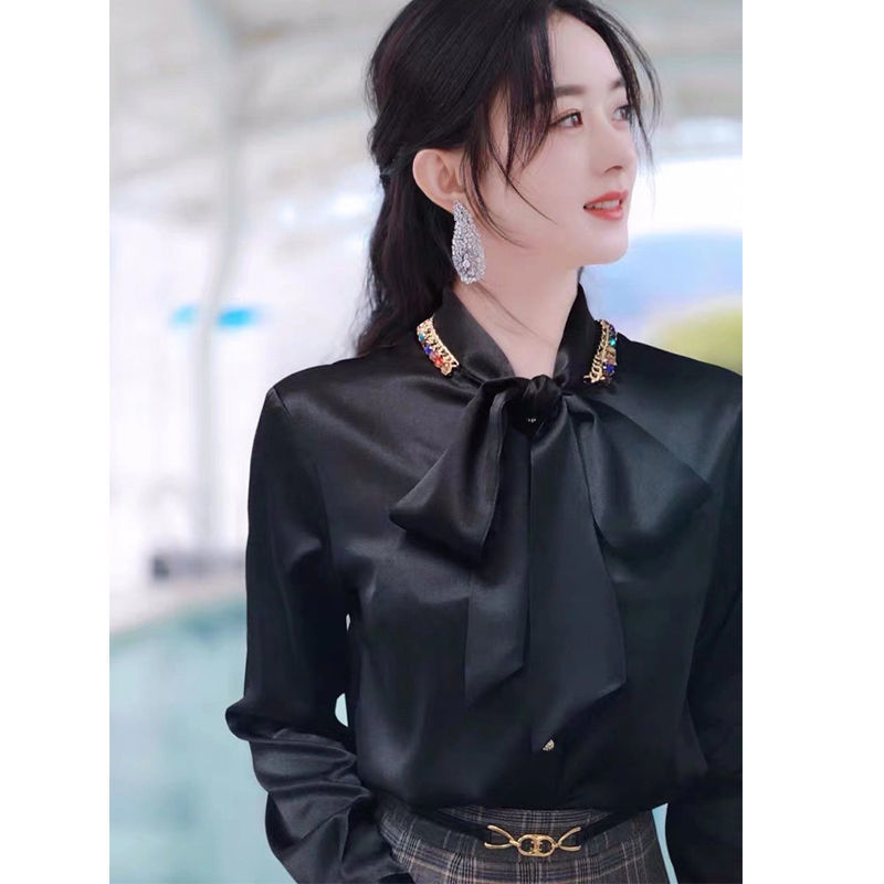 赵丽颖唐嫣明星同款衬衣女2021春秋新款时尚钉钻飘带蝴蝶结衬衫