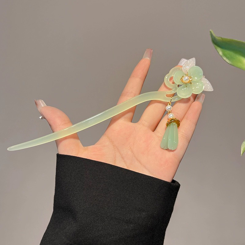 简约古风珍珠流苏盘发发簪女气质步摇旗袍中式簪子后脑勺发钗头饰