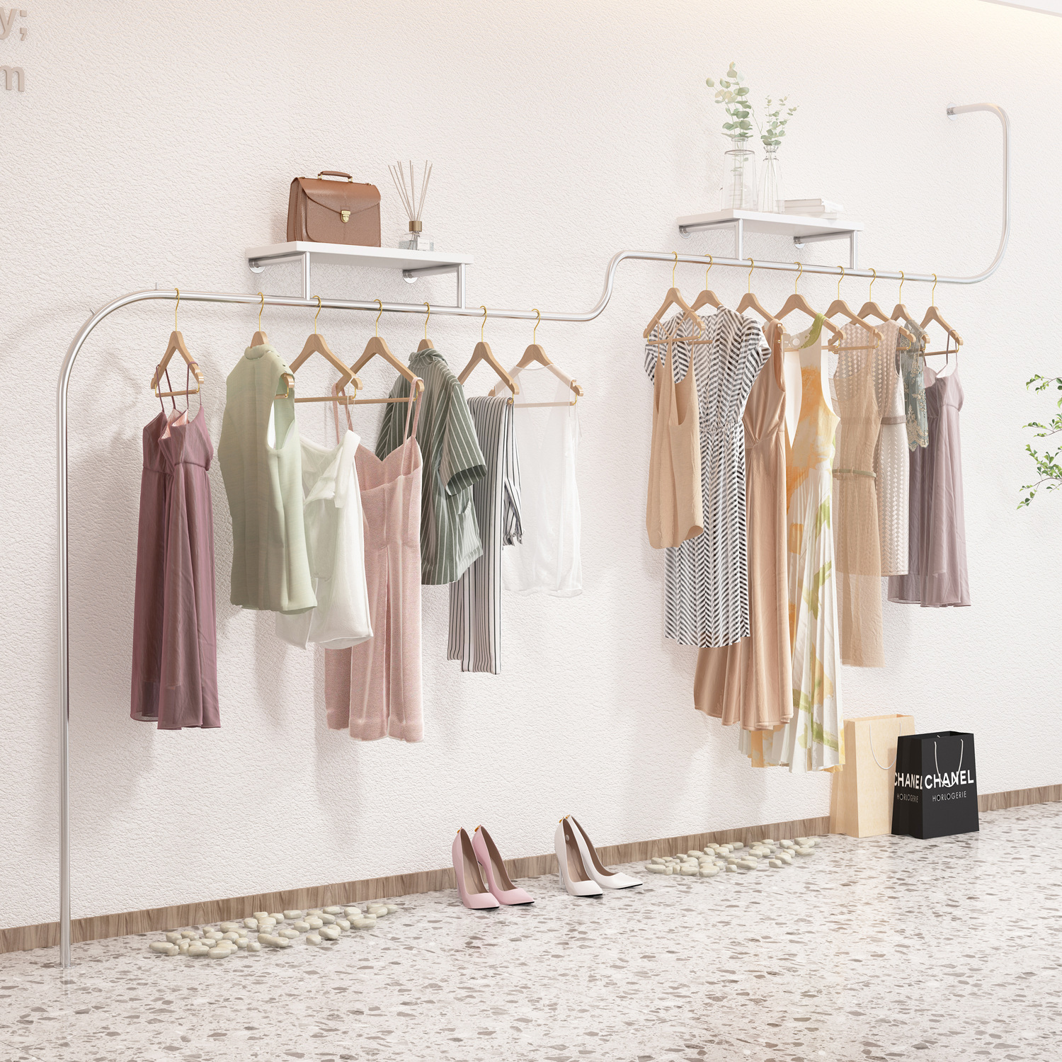 服装店上墙展示架女装店壁挂落地式挂衣架简约不锈钢衣服陈列架子