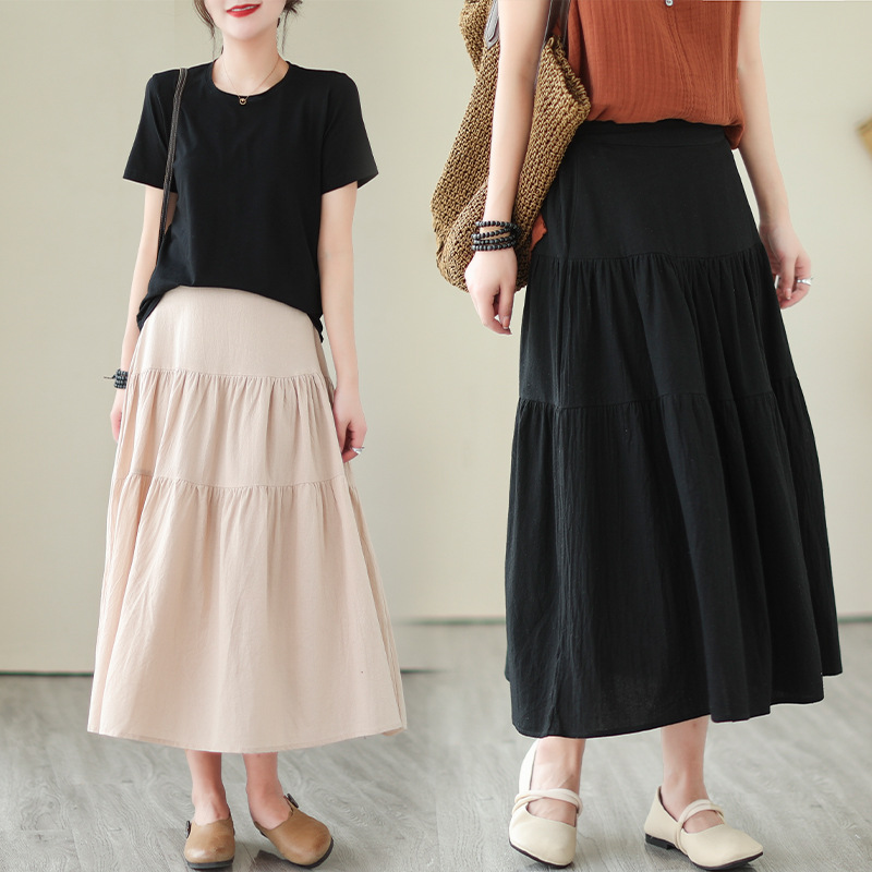 棉麻半身裙女夏2024新款女装文艺大摆长裙子-阿里巴巴