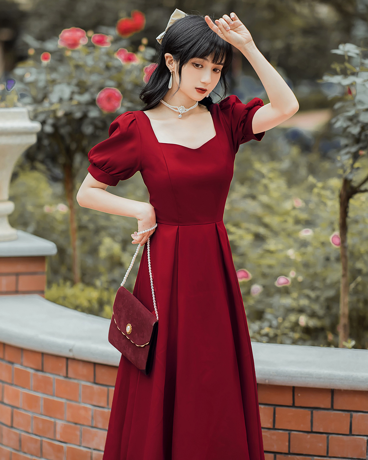 法式方领红色高级礼服连衣裙敬酒服新娘夏季日常小礼裙合唱演出服